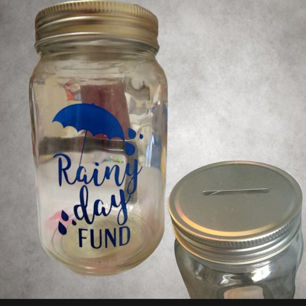 RAINY DAY FUND MASON JAR COIN/PIGGY BANK CLEAR 5" BY GREENBRIER